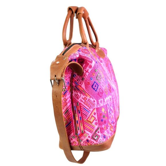 ROOMY HANDCRAFTED MULTICOLOR PINK KILIM BROWN LEATHER TRIM SHOULDER BAG HANDBAG - Picture 2 of 14